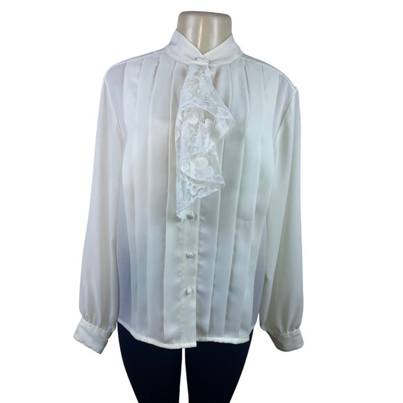 Vintage Laura & Jayne Collection White Pleated Blouse With Lace Tie Neck Sz 12 - Picture 1 of 7